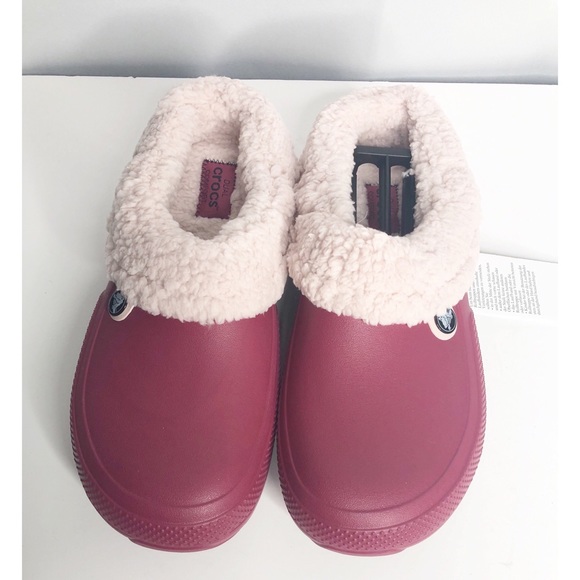 burgundy crocs with fur